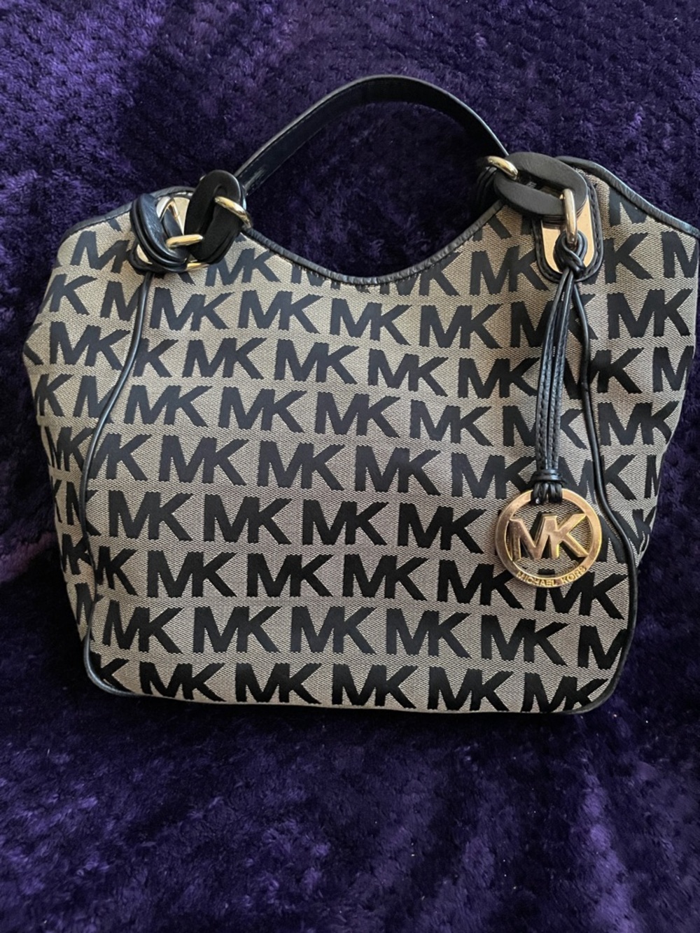 Michael Kors Black & Beige MK Logo Shoulder Bag EUC